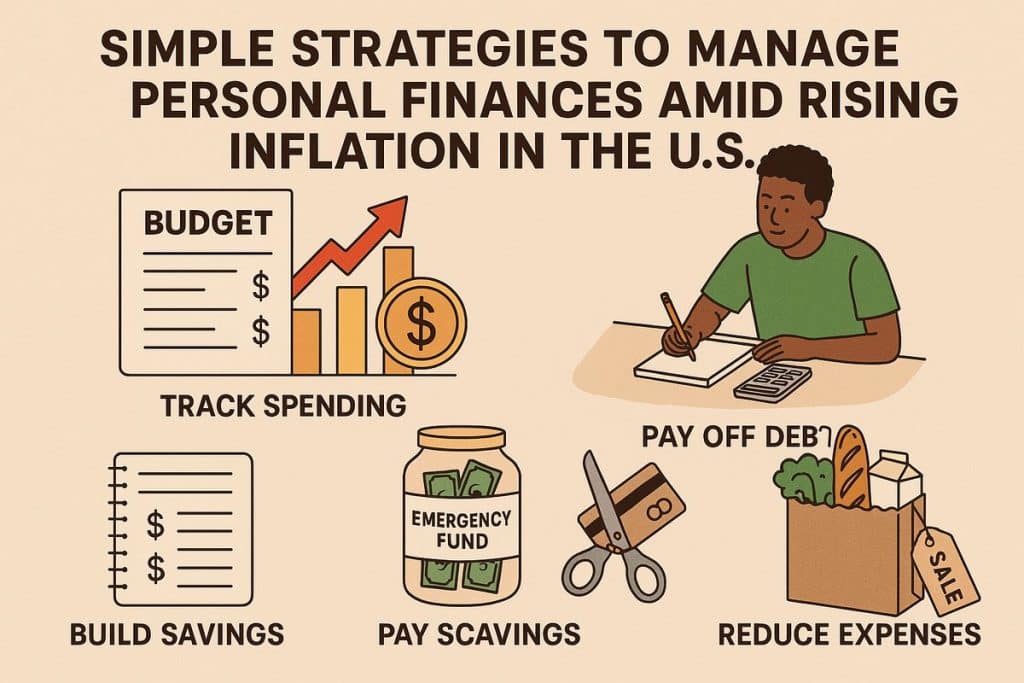Illustration showing financial management tips with icons: a person writing in a notebook with a calculator, a budget chart, and symbols representing โTrack spending,โ โPay off debt,โ โBuild savings,โ โPay savings,โ and โReduce expenses.โ