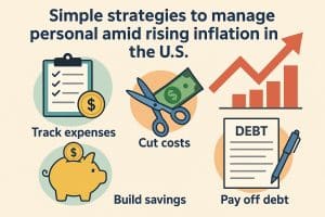 Graphic depicting personal finance strategies with colorful icons: a checklist and coin for “Track expenses,” scissors cutting a dollar bill for “Cut costs,” a piggy bank for “Build savings,” and a debt sheet with a pen for “Pay off debt,” under the title “Simple strategies to manage personal amid rising inflation in the U.S.”