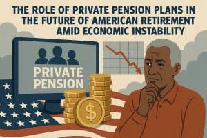 Illustration of an older man with gray hair and thoughtful expression, in front of a computer screen displaying “Private Pension,” gold coins, a downward economic chart, and an American flag background, with the text “The role of private pension plans in the future of American retirement amid economic instability.”