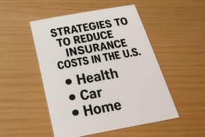 Photo of a printed sheet on a wooden surface displaying the title “Strategies to reduce insurance costs in the U.S.” with a bulleted list that reads Health, Car, and Home, representing key areas for saving on insurance.