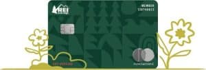 Illustration of a green REI Co-op® Mastercard® credit card with a forest-inspired pattern, surrounded by yellow outlines of flowers and grass on a white background. The card displays the REI Co-op logo, a chip, and the words “Opt Outside,” symbolizing sustainability and outdoor living.