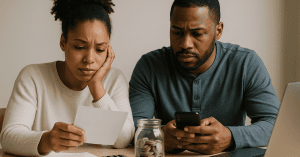 Worried couple reviewing bills at a table with a jar of coins and a laptop, dealing with a **loan** decision and household finances.