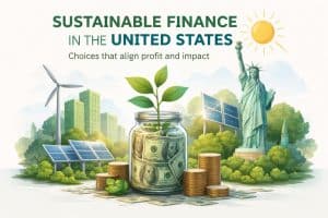 Illustration about sustainable finance in the United States with the headline “Sustainable finance in the United States: choices that align profit and impact.” In the center, a glass jar filled with U.S. dollar bills holds a green plant sprouting from the top, symbolizing growth driven by responsible investing. Around it are stacks of coins and scattered banknotes. The background shows renewable energy elements like solar panels and wind turbines, a green city skyline, and the Statue of Liberty under a bright sun, reinforcing the U.S. setting and the theme of combining financial returns with environmental impact.