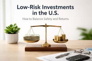 A clean desk scene featuring a gold balance scale centered on a wooden base; the left pan holds a stack of U.S. dollar bills and the right pan holds a pile of gold coins, symbolizing balancing safety and returns. A small green potted plant sits on the left, and on the right a calculator, eyeglasses, and paperwork are partially visible. At the top, the headline reads “Low-Risk Investments in the U.S.” with the subheading “How to Balance Safety and Returns” on a soft, blurred background.
