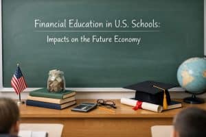 A classroom scene focused on financial education in U.S. schools, featuring a green chalkboard with the text “Financial Education in U.S. Schools: Impacts on the Future Economy” written in white chalk. On the teacher’s desk below, there are stacked books, a calculator, eyeglasses, a pencil, a glass jar filled with coins and bills, a rolled diploma tied with a red ribbon, and a black graduation cap. A small U.S. flag stands on the left, and a globe is visible on the right, symbolizing education, economics, and future opportunities. No identifiable real people are visible; only the backs of students’ heads appear out of focus in the foreground.