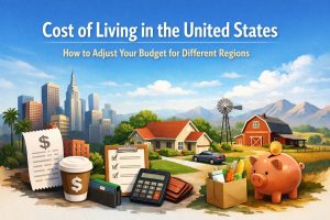 Illustrated scene representing the cost of living in the United States, showing a contrast between an urban city skyline and a rural countryside. In the foreground, financial items such as a receipt, calculator, coffee cup, wallet, and checklist symbolize budgeting and expenses. On the rural side, a family house, barn, windmill, groceries, and a piggy bank illustrate lower-cost living and savings, highlighting how expenses vary across different regions.