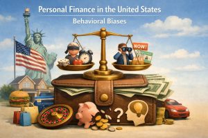 Illustration about personal finance and behavioral biases in the United States, featuring a wallet filled with dollar bills and a balance scale on top. On one side of the scale are symbols of impulsive behavior, including a blindfolded figure, dice, and an alarm clock. On the other side are symbols of anticipation and spending, such as a person looking through binoculars and sale signs. Surrounding elements include the Statue of Liberty, the American flag, a house, a car, shopping bags, fast food, credit cards, coins, a piggy bank, and icons representing decision-making and financial uncertainty, highlighting how psychological biases influence money choices.