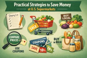 Illustrated infographic titled “Practical Strategies to Save Money at U.S. Supermarkets.” The image presents multiple icons representing smart grocery shopping habits: a shopping list with checkmarks and a pencil; a grocery cart filled with fresh produce and a “Sale” tag; a sign reading “Buy Local” next to fruits and vegetables; a magnifying glass highlighting “Compare Prices”; scissors cutting discount coupons labeled “Save 10%”; and reusable grocery bags filled with food labeled “Buy in Bulk.” The illustration uses green tones and a friendly, educational style to promote cost-saving strategies at American supermarkets.