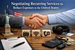 Illustrative image about negotiating recurring services to reduce expenses in the United States. At the top, the title reads: “Negotiating Recurring Services to Reduce Expenses in the United States.” In the center, two people in business attire are shaking hands across a wooden table, symbolizing negotiation and agreement. On the table, there is a contract document with a pen, a calculator, a pair of glasses, a car key, and U.S. dollar bills. Wooden blocks display icons representing recurring services such as television, Wi-Fi, and phone services. A pair of headphones rests nearby. In the background, the American flag and a small Statue of Liberty model are visible, reinforcing the U.S. context. The individuals are not identifiable, and no specific real persons can be recognized in the image.