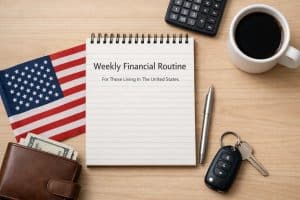 Top view of a wooden desk featuring a spiral notebook titled "Weekly Financial Routine For Those Living In The United States," surrounded by a U.S. flag, a wallet with cash, a calculator, a cup of coffee, a pen, and car keys, symbolizing personal finance planning and budgeting in the United States.
