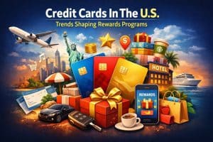 Colorful illustration of credit cards in the United States highlighting rewards programs, featuring three credit cards, gift boxes, a smartphone displaying rewards, shopping bags, a coffee cup, car keys, travel elements like an airplane and cruise ship, the Statue of Liberty, and a city skyline, representing trends in credit card rewards, travel benefits, cashback, and consumer spending in the U.S.