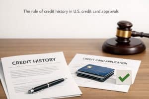Credit history documents and credit card application on a desk with a judge gavel, illustrating the role of credit history in U.S. credit card approval decisions.