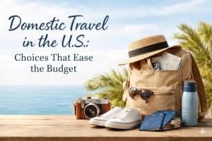 A photograph of travel essentials, including an open canvas backpack, a straw fedora, a vintage camera, white sneakers, maps, passports, and a reusable water bottle, arranged on a wooden table. The background is a sunny beach with palm trees. The text in the upper left reads: 'Domestic Travel in the U.S.: Choices That Ease the Budget'.