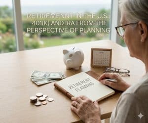 An over-the-shoulder photograph of an elderly woman with glasses, seated at a light-wood desk and writing in a notebook labeled 'RETIREMENT PLANNING'. On the desk are stacks of US coins and dollar bills, a small white piggy bank, and a wooden block calendar. She is seated in a sunlit room facing a large window looking out onto a green garden.