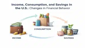 Illustration of income, consumption, and savings in the United States showing a wallet with cash, grocery shopping items, and savings in a piggy bank and jars, representing changes in financial behavior