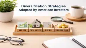 Illustration of diversification strategies adopted by American investors showing asset classes like stocks, real estate, bonds, and commodities arranged on blocks, representing investment portfolio diversification