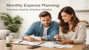 Couple managing monthly expenses at home using calculator and documents, illustrating budget planning practices used by American families in a modern living environment