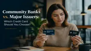 Premium editorial-style image comparing community banks and major credit card issuers, featuring a thoughtful woman evaluating two credit cards in a modern café setting with cinematic lighting and elegant typography reading “Community Banks vs. Major Issuers: Which Credit Card Should You Choose?”.