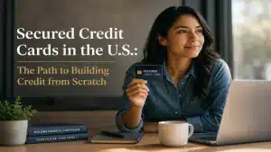 Premium editorial-style image about secured credit cards in the United States, featuring a young woman holding a secured credit card while working on a laptop in a modern workspace, with cinematic lighting and elegant typography reading “Secured Credit Cards in the U.S.: The Path to Building Credit from Scratch”.